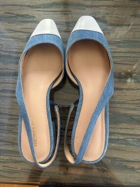 Veronica Beard Denim Blue and White Slingback Flats